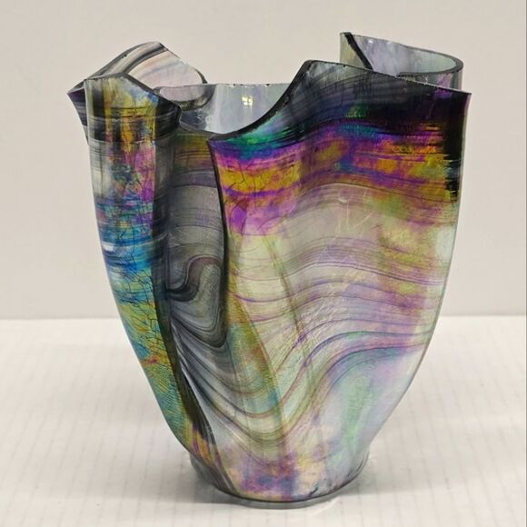 Studio Hand-blown Glass Iridescent Handkerchief Drape Vase - Picture 3 of 12